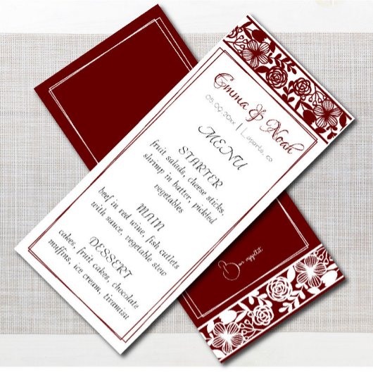 Elegant Maroon-Bourgogne bruiloft Diner Menu Kaart