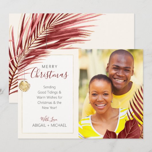 Elegant Maroon en Gold Tropical Kerstfoto Feestdagenkaart (Voorkant / Achterkant)