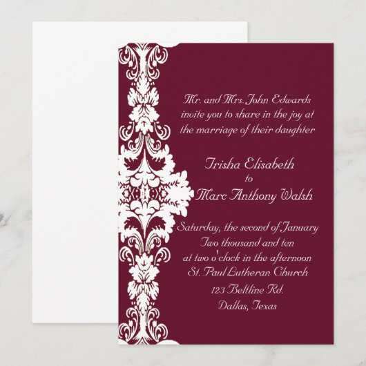 Elegant maroon en white Wedding Invitation Kaart (Voorkant / Achterkant)
