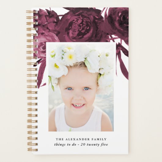 Elegant Maroon Floral Bouquet met naam en foto Planner (Voorkant)