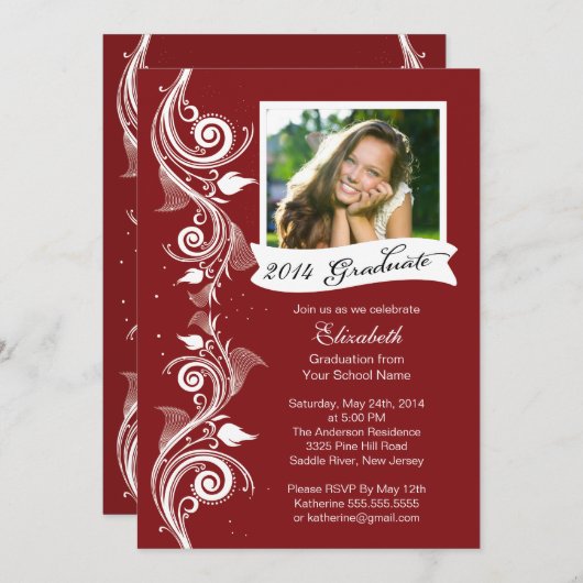 Elegant Maroon Foto Graduparty Uitnodiging (Voorkant / Achterkant)