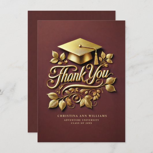 Elegant Maroon Gold Afstudeerder Pet Leaf Afstuder Bedankkaart (Voorkant / Achterkant)