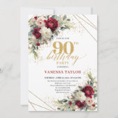 Elegant Maroon Gold Floral 90th Birthday Invite Kaart (Voorkant)