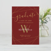 Elegant Maroon Gold Geometric Monogram Afstuderen Aankondiging (Staand voorkant)