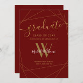 Elegant Maroon Gold Geometric Monogram Afstuderen Aankondiging (Voorkant / Achterkant)
