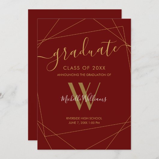 Elegant Maroon Gold Geometric Monogram Afstuderen Aankondiging (Voorkant / Achterkant)