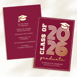 Elegant Maroon Gold Graduation YY Announcement Folie Uitnodiging