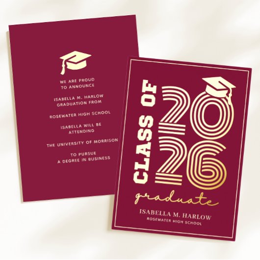 Elegant Maroon Gold Graduation YY Announcement Folie Uitnodiging
