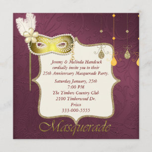 Elegant Maroon & Gold Masquerade Party Uitnodiging