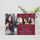 Elegant Maroon Gold Script 4 Foto Afstuderen Kaart (Staand voorkant)