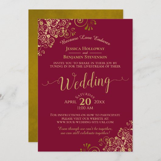 Elegant Maroon & Gold Virtual Wedding Livestream Kaart (Voorkant / Achterkant)
