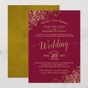 Elegant Maroon & Gold Virtual Wedding Livestream Kaart