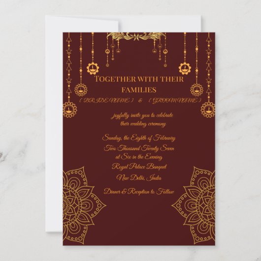 Elegant Maroon & Gold Wedding Invitation Kaart (Voorkant)