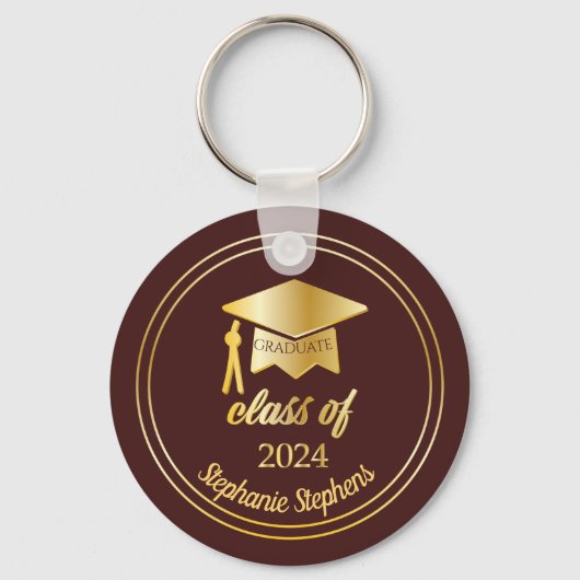 Elegant Maroon | Goud 2024 Afstuderen Pet Afstuder Sleutelhanger (Voorkant)