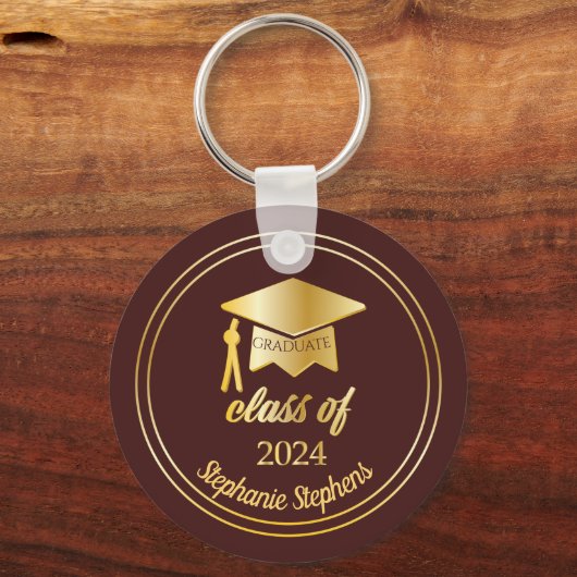 Elegant Maroon | Goud 2024 Afstuderen Pet Afstuder Sleutelhanger (Voorkant)