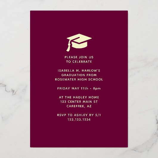 Elegant Maroon High School Afstuderen Gold Folie Uitnodiging (Achterkant)