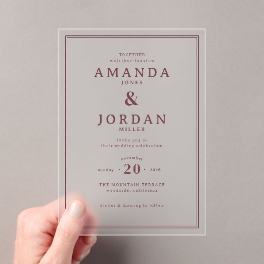 Elegant Maroon Minimalist Wedding Invitation Acryl Uitnodigingen (Insitu (Draagbaar))
