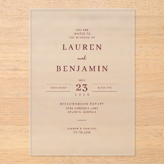 Elegant Maroon Minimalist Wedding Invitation Acryl Uitnodigingen (Voorkant)