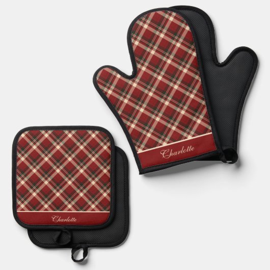 Elegant Maroon Red Cream Royal Stewart Tartan Ovenwant & Pannenlap Set (Voorkant / Achterkant)