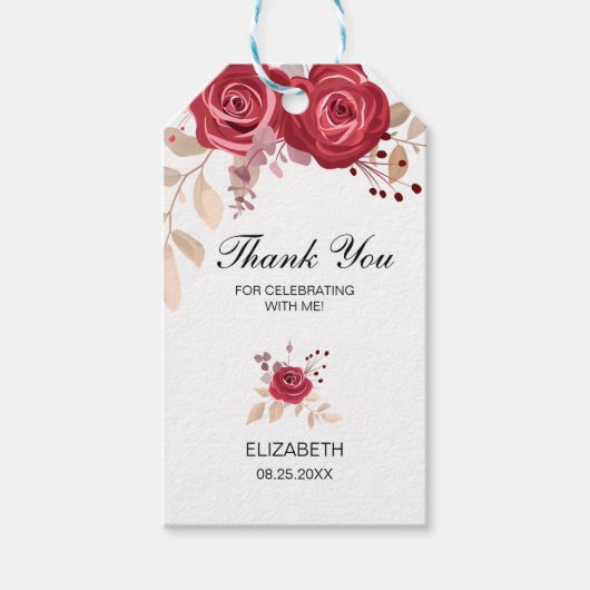 Elegant Maroon Roos Bloemen Greenery Verjaardag Cadeaulabel (Voorkant)