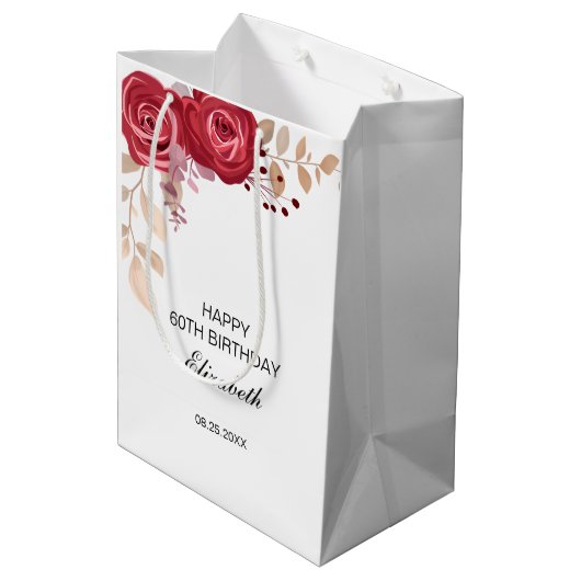 Elegant Maroon Roos Bloemen Greenery Verjaardag Medium Cadeauzakje (Achterkant Gekanteld)