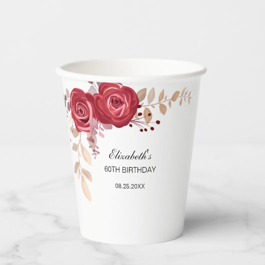 Elegant Maroon Roos Bloemen Greenery Verjaardag Papieren Bekers (Voorkant)
