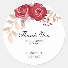 Elegant Maroon Roos Bloemen Greenery Verjaardag Ronde Sticker