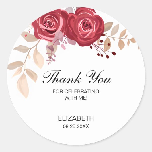 Elegant Maroon Roos Bloemen Greenery Verjaardag Ronde Sticker (Voorkant)