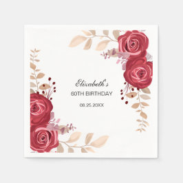 Elegant Maroon Roos Bloemen Greenery Verjaardag Servet