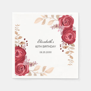 Elegant Maroon Roos Bloemen Greenery Verjaardag Servet