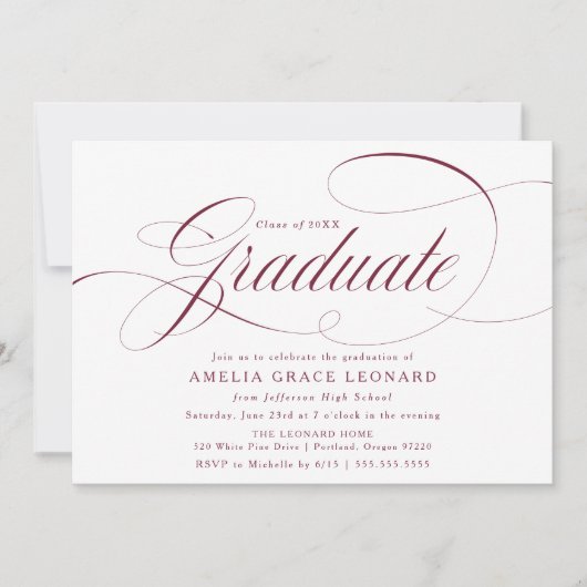Elegant Maroon Script Graduation Party Kaart (Voorkant)