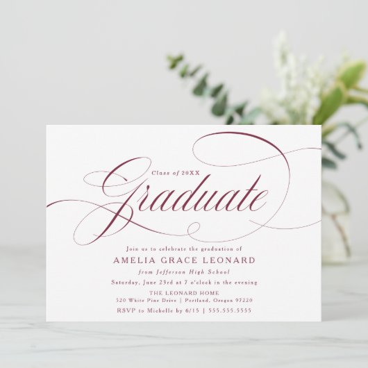 Elegant Maroon Script Graduation Party Kaart (Staand voorkant)
