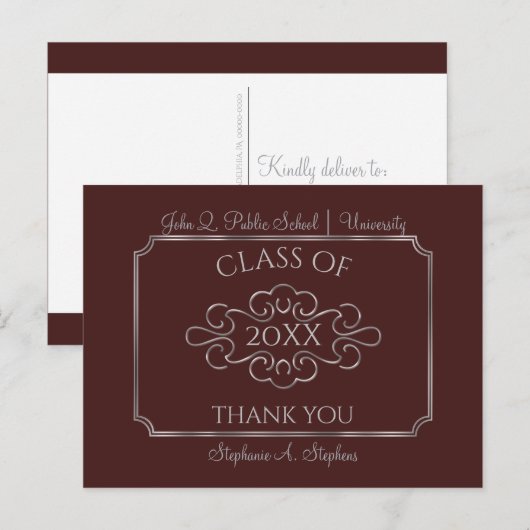 Elegant Maroon Silver College Afleiding Dank u Briefkaart (Voorkant / Achterkant)