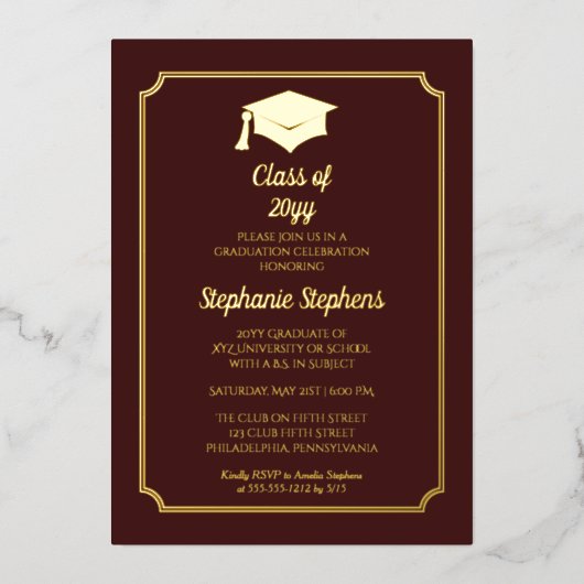 Elegant Maroon University Graduation Party Gold Folie Uitnodiging (Voorkant)