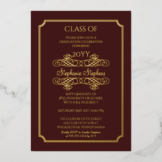 Elegant Maroon University Graduation Party Gold Folie Uitnodiging (Voorkant)