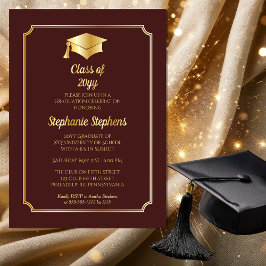 Elegant Maroon University Graduation Party Gold Folie Uitnodiging