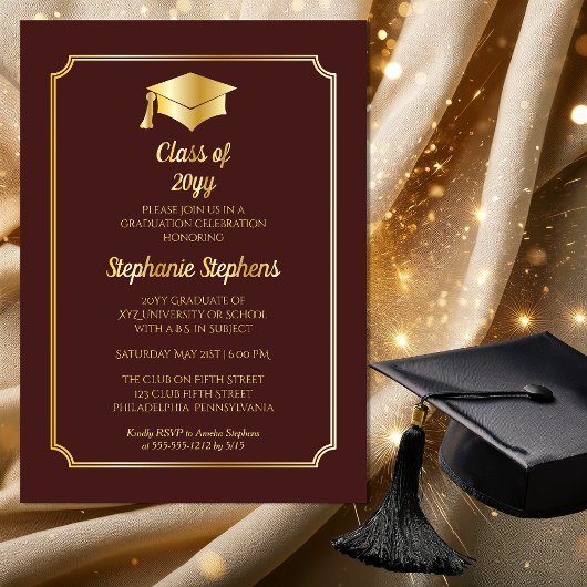 Elegant Maroon University Graduation Party Gold Folie Uitnodiging