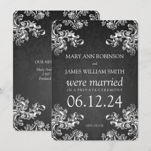 Elegant Marriage Elopement  Swirls 2 Black Aankondiging (Voorkant / Achterkant)