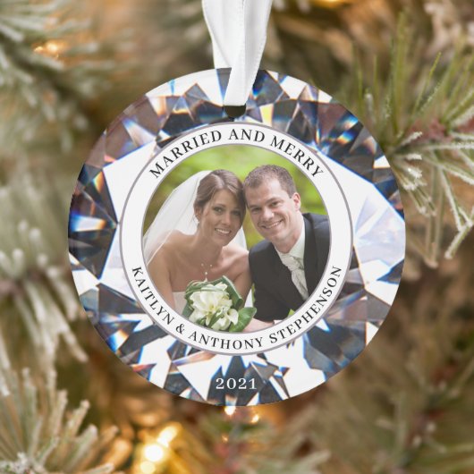 Elegant MARRIED EN MERRY Diamond 2 Foto Keepslag Ornament (Boom)