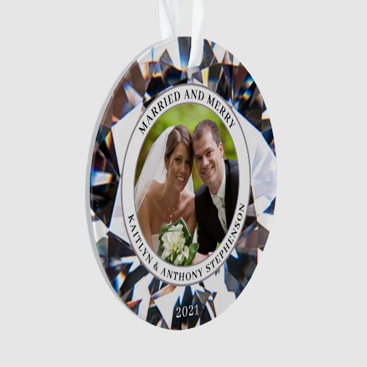 Elegant MARRIED EN MERRY Diamond 2 Foto Keepslag Ornament (voorkant)