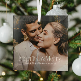 Elegant Married & Merry Newlywed Photo, Christmas Glas Ornament