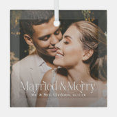 Elegant Married & Merry Newlywed Photo, Christmas Glas Ornament (Voorkant)