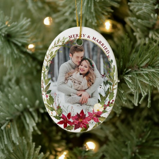 Elegant Married Merry Poinsettia Keramisch Ornament (Boom)