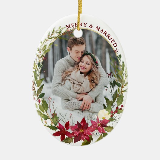 Elegant Married Merry Poinsettia Keramisch Ornament (Voorkant)
