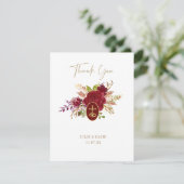Elegant Marsala Floral Gold Crucifix bruiloft Dank Bedankkaart (Staand voorkant)