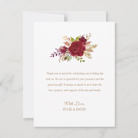 Elegant Marsala Floral Gold Crucifix bruiloft Dank Bedankkaart (Achterkant)