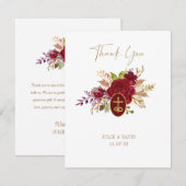 Elegant Marsala Floral Gold Crucifix bruiloft Dank Bedankkaart (Voorkant / Achterkant)