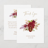Elegant Marsala Floral Gold Crucifix Wedding Bedankkaart (Voorkant / Achterkant)