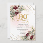 Elegant Marsala Floral Gold Frame 90th Birthday Kaart (Voorkant)