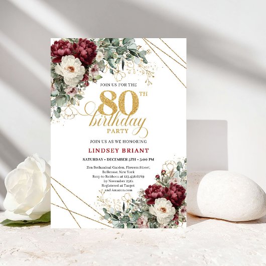 Elegant Marsala Floral Greenery 80th Birthday Kaart